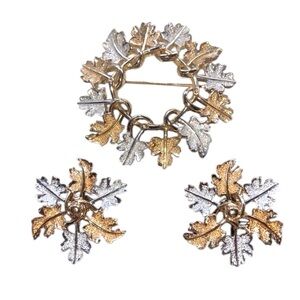Vintage Sarah Coventry “Garland” Leaf 1968 Signed Mixed Metal Earrings & Brooch